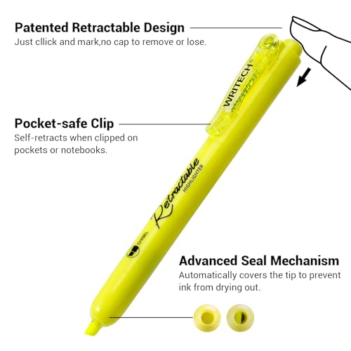 WRITECH Retractable Highlighters Chisel Tip: 12ct Fluorescent Yellow Ink - color: Yellow, size: 1 Count (Pack of 12)