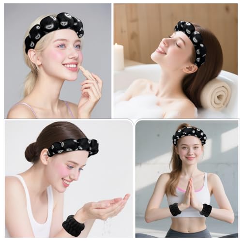 Zkptops Spa Headband for Washing Face Wristband Set Sponge Makeup SkincareVelvet Fabric Bubble Soft Get Ready Hairbands for Women Puffy Headwear Non Slip Thick Thin Hair Accessory (Black Nuts) - color: ZYI Nuts Black