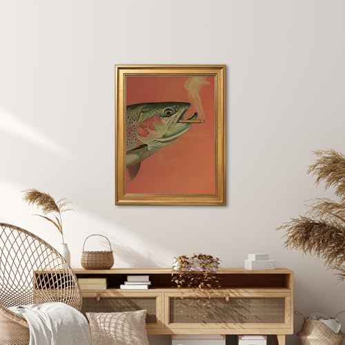 EQUEEN Trout Poster Wall Art Wall Decor Vintage Fish Canvas Print Funny Fishing Art For Cabin Man Cave20x30inch Golden frame - color: style-5, size: 20"L x 30"W