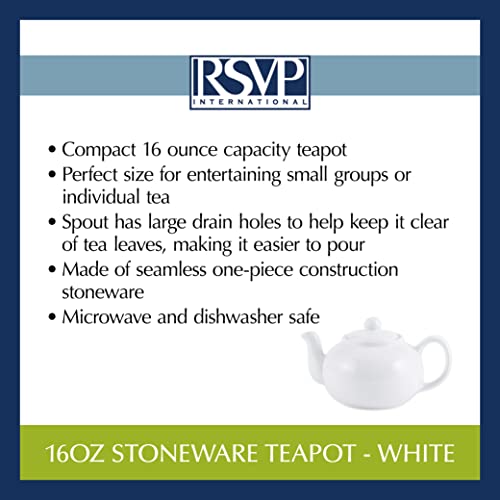 RSVP International Stoneware Teapot Collection, Microwave and Dishwasher Safe, 16 oz, White - color: White, size: 16 oz