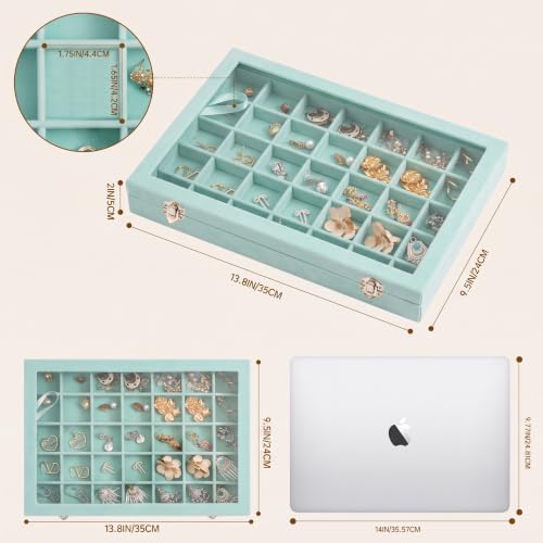 Frebeauty 35 Grid Earring Organizer,Velvet Jewelry Tray with Clear Lid - color: Turquoise, size: 35 Grid