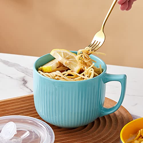 Ceramic Soup Bowl with Handle & Lid, 32oz Microwave Ramen Bowl Set of 2 - color: Blue 2 pcs-32, size: 32 OZ