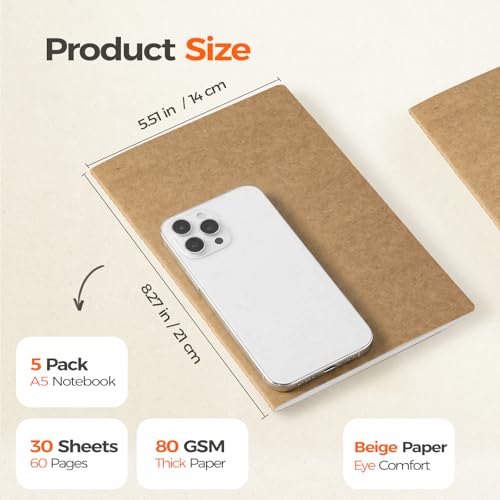5 Pack Kraft Notebooks Bulk A5, 60 Pages Lined Ruled Journals, 8.3x5.5 In
