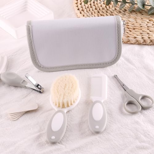 Baby Grooming Kit with Storage Pouch Baby Brush Soft Bristles 5 pcs-Infant Brush, Rounded Comb, Safety Scissors, Nail Clippers & Emery Board -Health Care Kit for Newborns & Toddlers Gray - color: 5pcs Gray 2