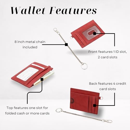 Leather Credit Card Holder with Keychain, Slim RFID Wallet (Burgundy) - color: Burgundy