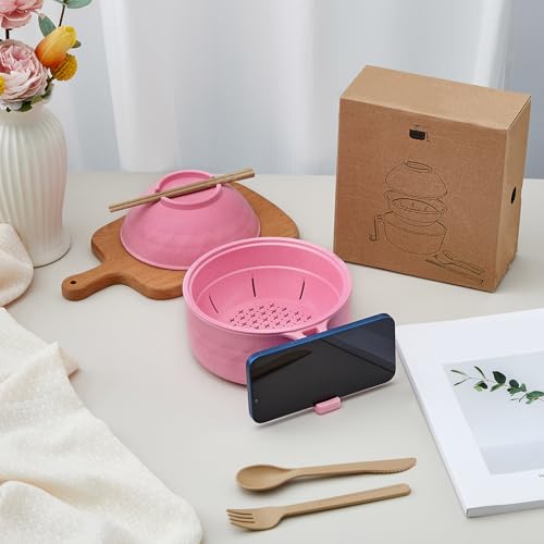 1 Set Microwave Ramen Cooker Bowl with Utensils, Pink - color: Pink