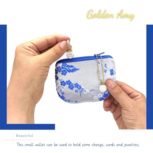 Handmade Women Coin Purse Brocade Rosary Bag Silk Jewelry Pouch Zipper Wallet - White Blue - color: White_Blue
