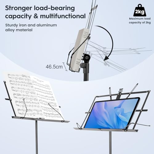 New Bee Music Stand for Sheet with Carrying Bag, Metal Sheet Music Stand Portable, Adjustable Podium Stand with Tripod Base and Sheet Music Folder - Black - color: Dark Black