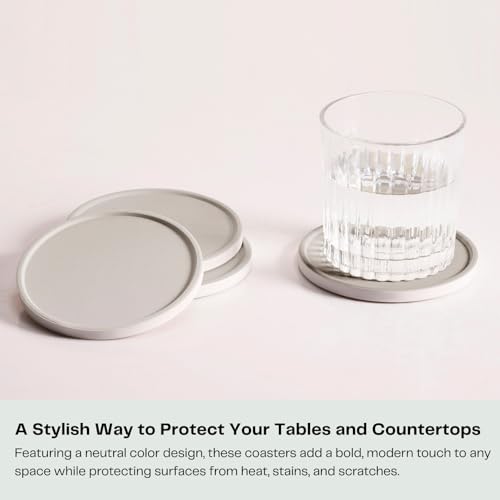 Set of 6 Warm Gray Coasters with Holder, Absorbent Ceramic Drink Coasters with Cork Backing for Table Protection, Table Decor, Housewarming Gifts - color: Warm Gray