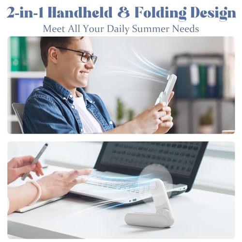 Portable Handheld Fan, 2 IN 1 Mini Hand Fan, Battery Operated [8-15 Working Hours], USB Rechargeable Personal Foldable Fan for Indoor, Small Pocket Fans Travel Essentials for Outdoor (White) - color: White