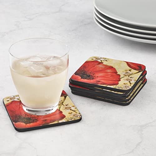 Pimpernel Red Poppy Blossoms Coasters, Set of 4 (4" x 4") – Cork-Backed Board with Bright Floral Artwork, Heat & Stain Resistant Drink Mats for Dining, Coffee Tables & Home Decoration - size: 4" x 4" Square, style: Poppy de Villeneuve