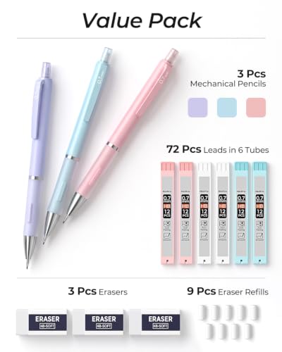 Nicpro 3PCS Cute Mechanical Pencil Set with Case, 0.7 mm Pencils - style: 3 Pack (0.7mm)