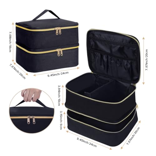Double Layer Makeup Bag with Adjustable Dividers, Black - color: Black