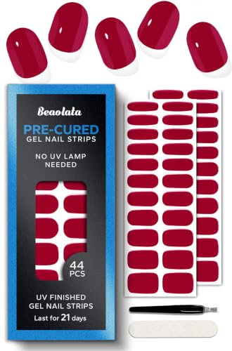 Real Gel Nail Strips (No UV Light Needed) - 44Pcs Salon Quality Nail Stickers - Long Lasting Polish Wraps for Women, Easy Apply & Remove (Classic Red - color: Classic Red