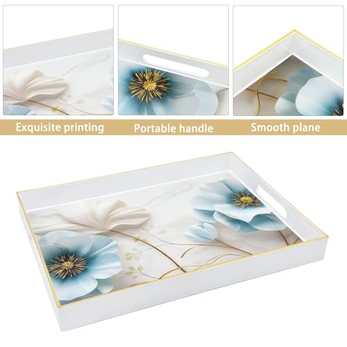 Serving Tray with Handles, 15.7 * 11.8 inches, Plastic Ottoman Tray with Exquisite Paintings, Trays for Coffee Table - color: Blue Flower