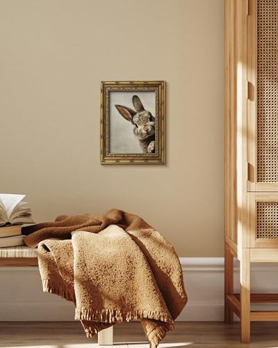 Vodefoad Vintage Rabbit Gold Framed Wall Art, Easter Peeking Bunny Canvas Wall Art Print, Antique Animal Neutral Vintage Artwork Pictures, Farmhouse Easter Framed Decor, Moody Rabbit Art for Gallery Bedroom Kitchen Office Living Room Bathroom Decor - 9x12