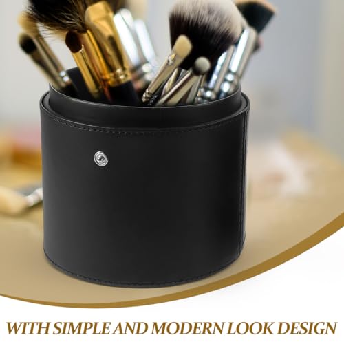 Portable Makeup Brush Holder with Lid - Elegant Pu Leather Makeup Bag Black Brush Organizer for Travel Compact Storage Bucket with Buckle Protective Lid, Easy to Clean, 7.9in X 5.19in