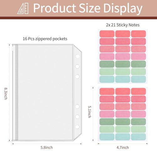 16 Pcs A5 Binder Envelope Pouches, A5 Zippered Binder Inserts for 6-Ring Budget Cash Envelope System, Clear envelopes for Money Saving and Budgeting, with 42 Sticky Binder Labels - size: A5