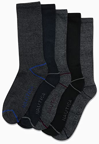 Nautica Mens Crew Socks 5 Pack Moisture Wicking Athletic Work & Dress Socks - color: Black/Gray