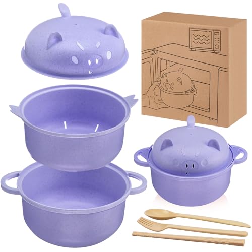 1 Set Large 45oz Cute Pig Ramen Bowl Set Microwavable Cooker, Purple - color: Purple