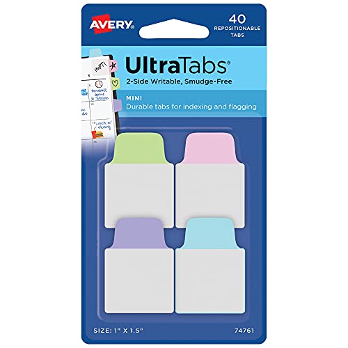 Avery Mini Ultra Tabs, 1" x 1.5" Repositionable, 40 Pastel Tabs