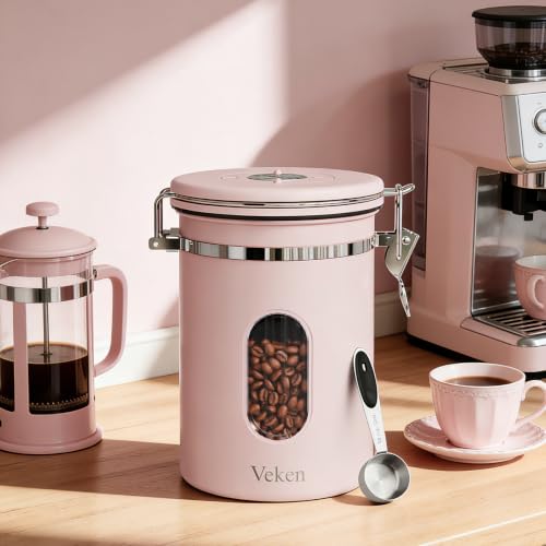 Veken Coffee Canister with Window, Airtight Stainless Steel Container, 22OZ - color: Pink, size: 22 oz