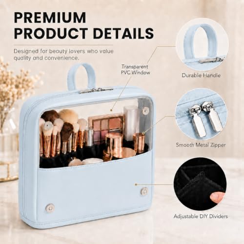 YDR Standing Makeup Brush Bag - Clear Portable Travel Cosmetic Pouch, Large Capacity Foldable Makeup Brush Holder, Water-Resistant Professional Makeup Tool Case for Women & Artists (Light Blue) - color: Light Blue