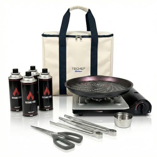 TECHEF - KBBQ Ultimate Set with Korean BBQ Grill Pan, Agni Portable Gas Stove Burner, Carrying Bag, 4 pack Butane Gas, Scissors, 2 BBQ Tongs, Made in Korea - color: Ultimate KBBQ Set