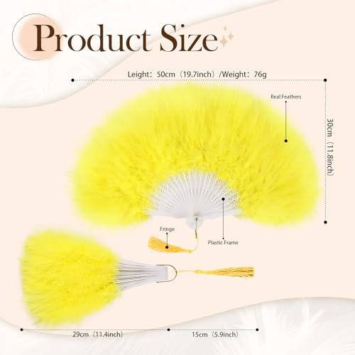 whitefeather Vintage Feather Hand Fan, 17.7 x 11.8 inches, Marabou Feathers, 1920s Style for Costume Parties, Tea Parties - color: Yellow