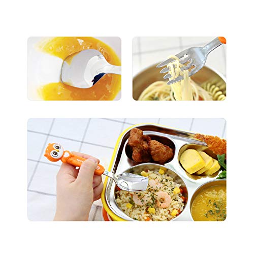 Owl Stainless Steel Chopsticks, Spoon, Fork and Case 4 Set - Right Handed, Yellow, Owl, Set of 4 pcs (Olly), Made in Korea
