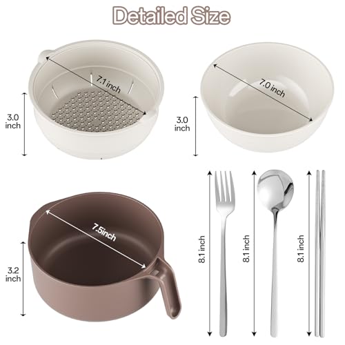 MEACOLIA Large Ramen Bowl Set, Microwave Noodle Pasta Cooker with Lid and Strainer, Stainless Steel Travel Utensils, College Dorm Room Essentials for Girls Guys (Beige) - color: Beige, size: 50 oz Ramen Bowl (with Travel Utensils)