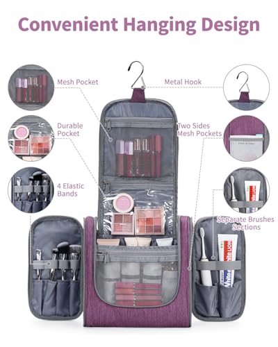 Narwey Large Hanging Travel Toiletry Bag for Women, Makeup Cosmetic Bag - color: AA-Purple, size: Large
