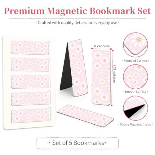 5 Pieces Magnetic Bookmarks, Cute Magnet Bookmark Clips, Colorful Page Markers for Books, Reading Supplies for Book Lovers, Women and Men Cute Pink Daisy Flower - color: Cute Pink Daisy Flower