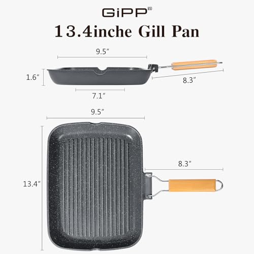 GiPP Nonstick Grill Pan with Folding Handle,Square Grill Skillet, Grilling Pan with Pour Spouts, Versatile Griddle Steak Pan for All Stove,PFOA Free,13.4 Inch - size: 13"*9.5"