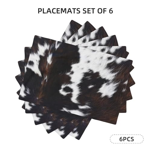 Cow Print Western Placemats Washable Table Placemat Set of 6 - color: Brown Black White, size: Set of 6