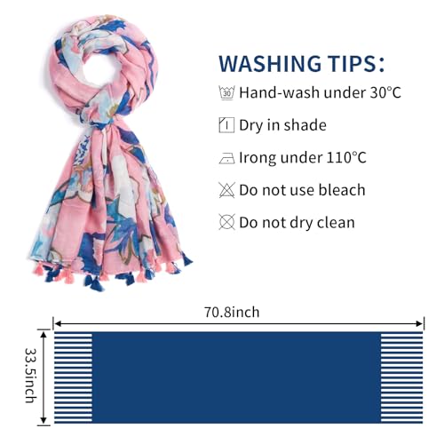 QIUTIMIY Scarf for Women Lightweight Soft Floral Leopard Printed Scarves Fall Winter Fashion Shawl Wrap with Fringe - color: Flower-pink Blue