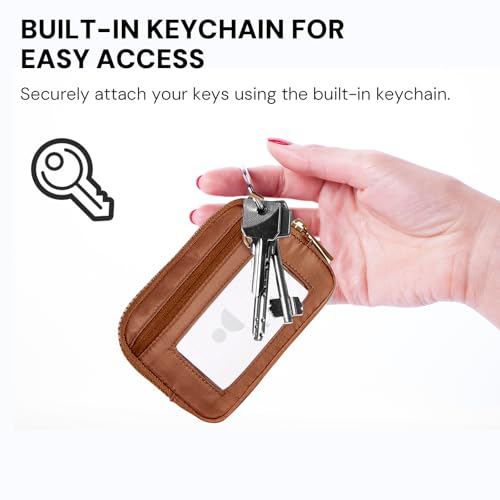 Keychain Wallet for Women with Clear ID Window, Coin Pouch and Wrist Strap - color: Light Brown
