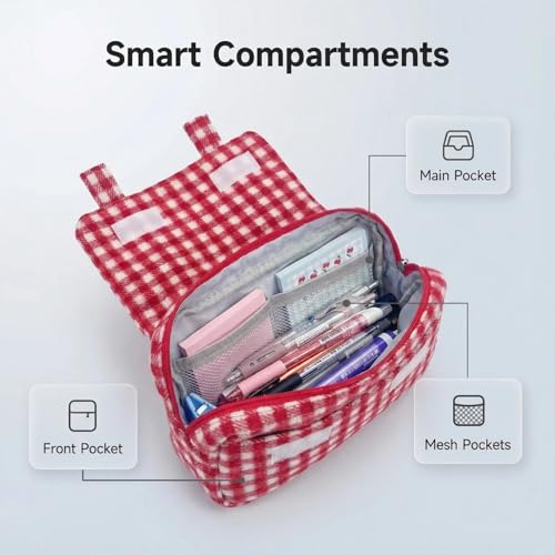Cute Checkered Pencil Case, Red White Plaid, Large Capacity Gingham Pattern Pen Bag with Handle, Big Stationery Organizer, Multi-Use Storage Pouch, 8.7x1.6x4.7 Inches, Red - color: Red-white checkered