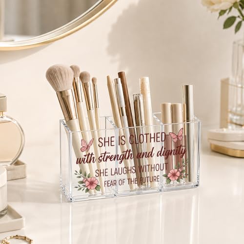 She Is Clothed with Strength Acrylic Pen Holder 3 Compartments - color: Transparent056