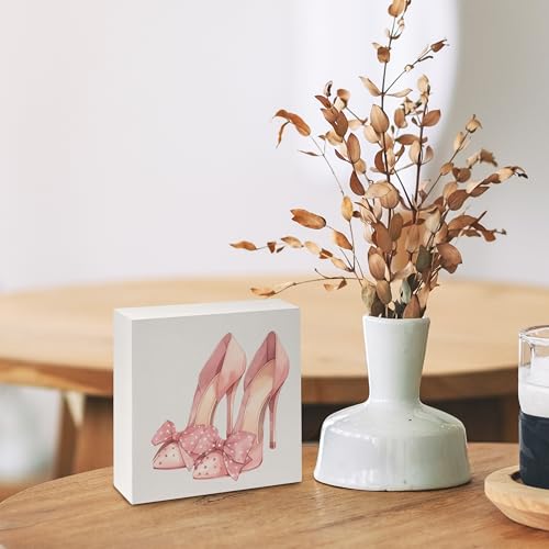 Coquette Pink Bow High Heels Wooden Box Sign, Coquette Preppy Girly Room Decor, Pink Girly Wood Signs for Girls Room Dorm Apartment Desk Table Shelf Decor, 5x5 Inch - color: E-High Heels