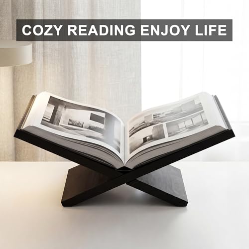 Wooden Book Stand for Display, Large Open Book Holder for Desk - color: Black