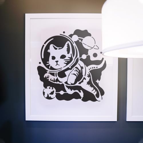 MAYJOYDIY Cat Space Stencils 11.8×11.8inch Planets Galaxy Cat Painting Stencils with Paint Brush Outer Space Galaxy Animal Theme Drawing Template for Fabric Walls Furniture Wood Canvas - color: Cat Space