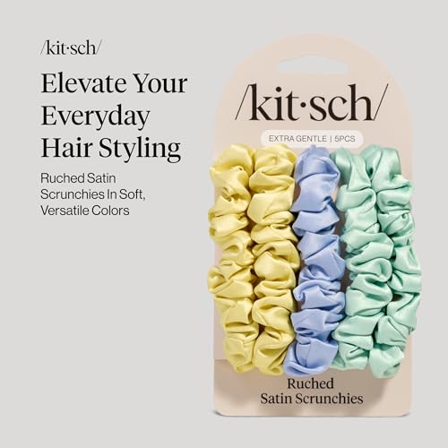 Kitsch Rosette Ruched Satin Scrunchies for Women - Multi-color, 5pcs - color: Pastel Yellow/Blue/Green