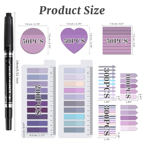 1450 Sheets Transparent Sticky Notes, 3 x 3 inch Aesthetic Clear Lined Sticky Notes with Pen, Gradient Color Waterproof Self-Adhesive Annotation Tabs for Bible Journaling (Purple) - color: Purple