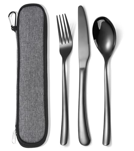 MURRI&MURRDI Travel Stainless Steel Cutlery Set for 1, Reusable Flatware Set with Case,Camping Silverware Set for Work, Knife Fork Spoon Utensil Set 3 Piece, Black - color: B- 3 Black