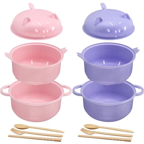 2 Sets Large 45oz Cute Pig Ramen Bowl Set Microwavable Pink, Purple - color: Pink,Purple