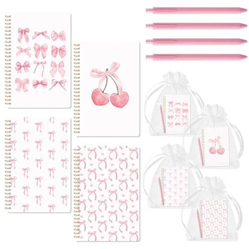CNhoqc Pink Coquette Journal Notebook, 4 Sets A5 Ballpoint Pen Organza Bag - color: 4-Set Pink Bow
