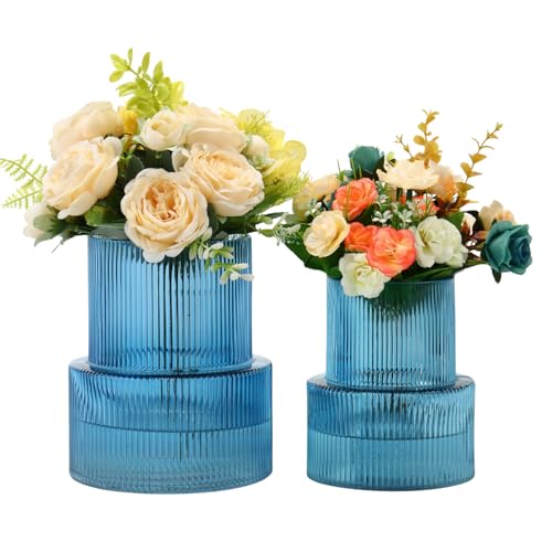 Ribbed Glass Vases for Bouquet, Set of 2 Blue Vases for Flowers, Blue Glass Vase for Tulips, Modern Vase for Living Room, Office, Coffe Table, Dining Table, Shelf, Wedding - color: Blue, size: Large+Medium
