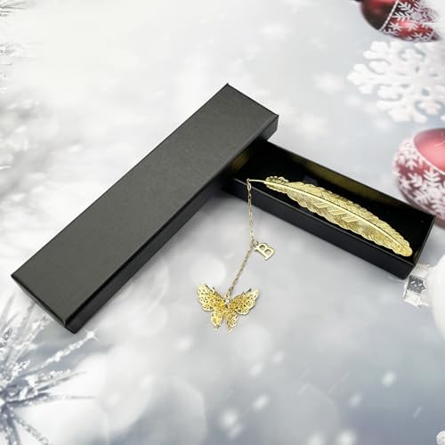 Initial Letter and Butterfly Charm Metal Feather Bookmark (Gold-B) - style: Gold-B