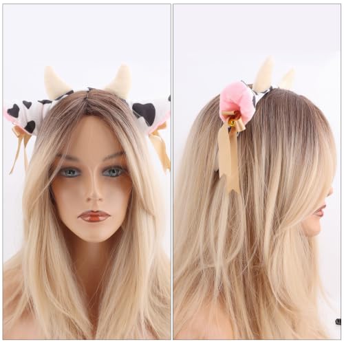 Cow Ears Cow Headband with Golden Bells Ribbon Bows Horns - color: Cow